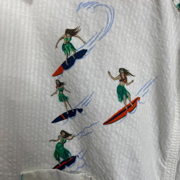 Tommy Bahama Surfer Girl Hula Girl White Button Up Shirt Hawaiian Shirt Size XL - Picture 4 of 8